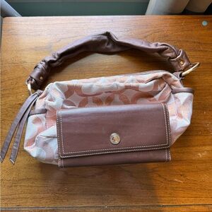 Coach Neutral Pink Patterned Shoulder Bag with Brown Leather Trim
